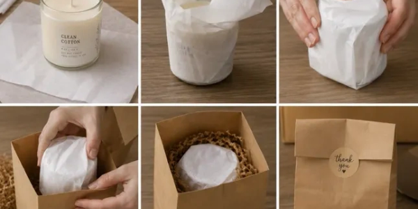 Step-by-step candle gift wrapping with tissue paper and kraft paper bag.