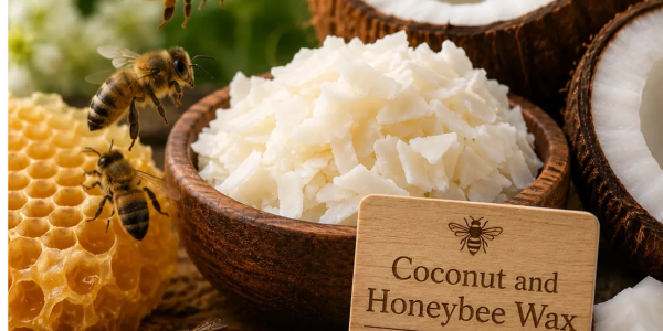 Bees, coconut pieces, and honeycomb with a sign for natural coconut and honeybee wax.