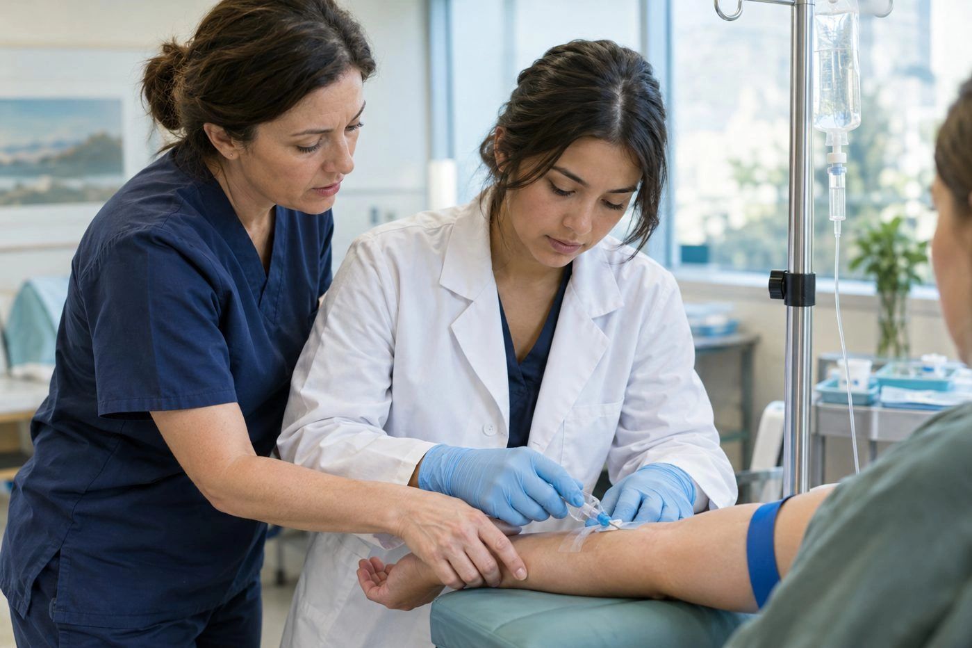 Instructor guiding a clinician placing an IV catheter in a patient's arm