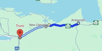 Routes from Truro to Antigonish with stops in between.