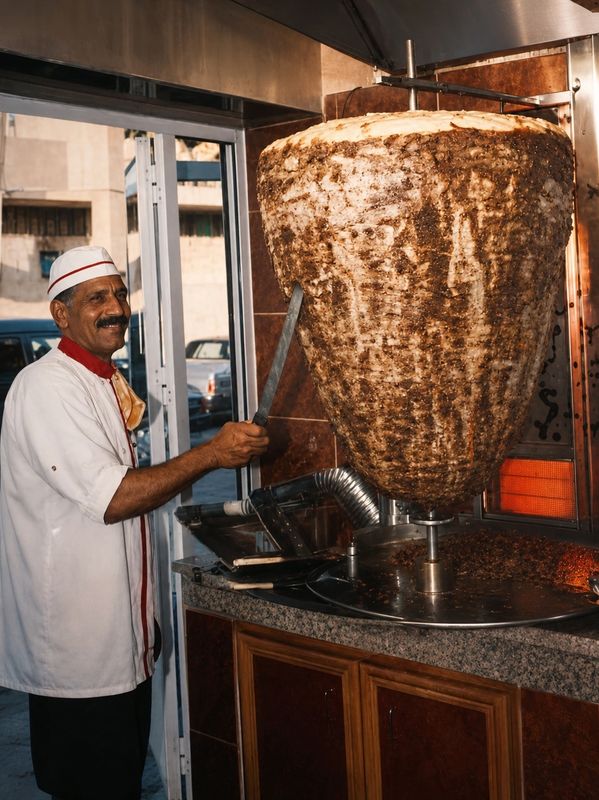 Man slicing meat from a large shawarma spit in a kitchen.