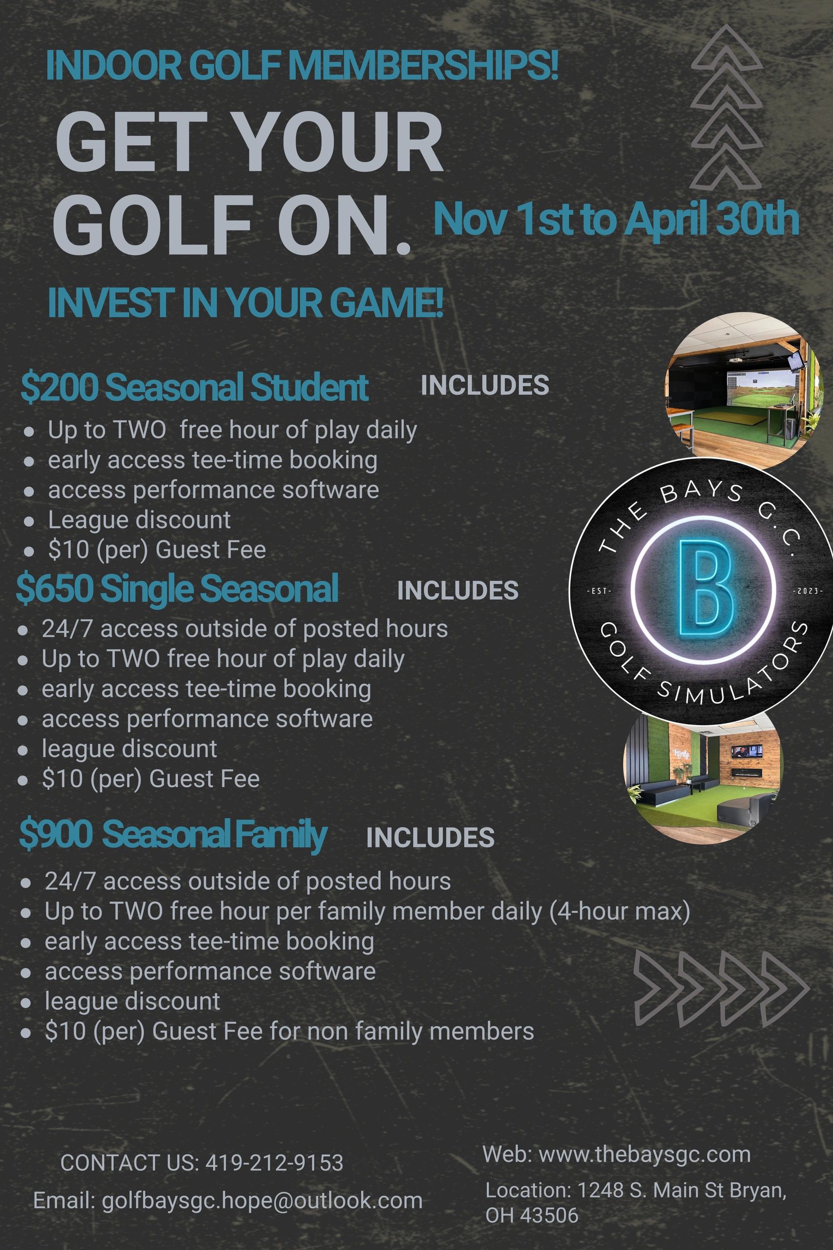 Indoor golf membership options with pricing and benefits at The Bays G.C.