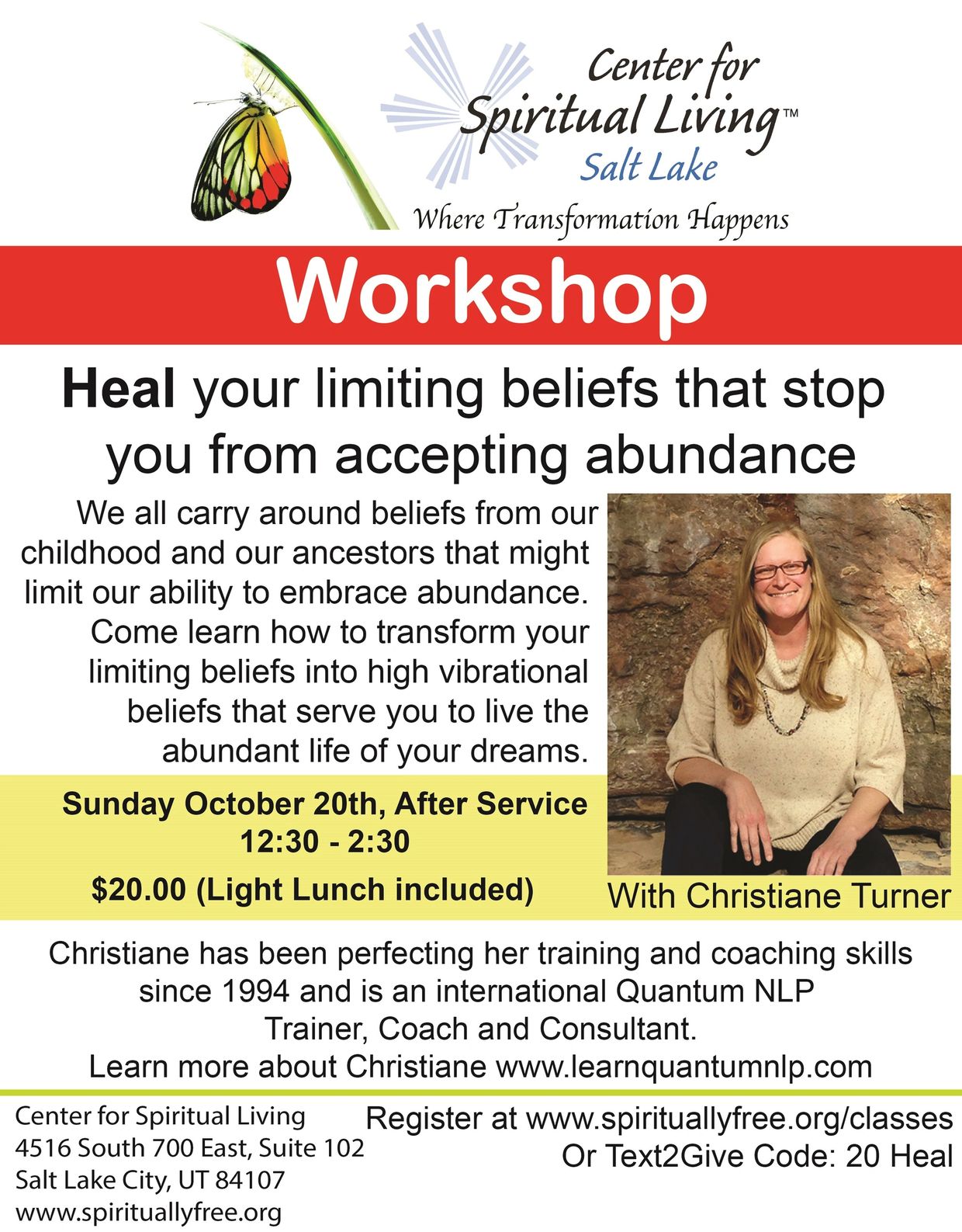 Workshop on healing limiting beliefs to embrace abundance with Christiane Turner.