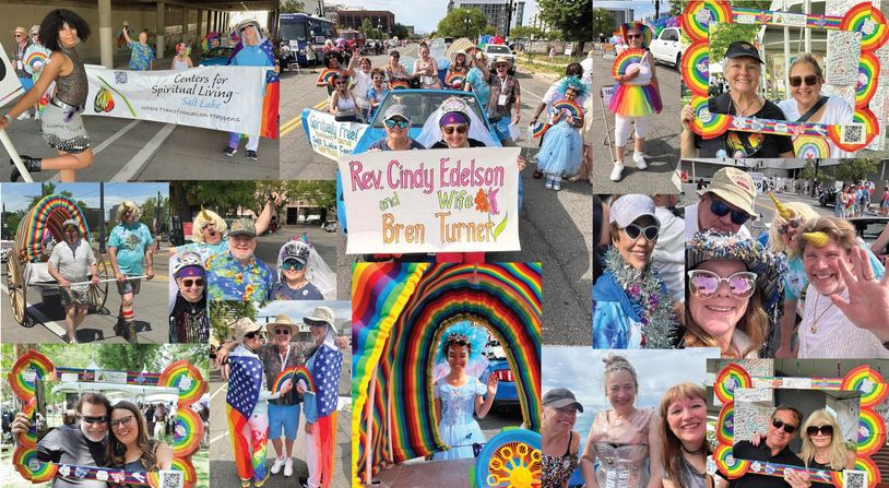 Colorful collage of joyful people celebrating with rainbows and festive attire at a community parade.