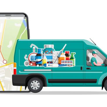 Mobile health vehicle showing providers and healthcare supplies traveling to homes of patients to deliver patient-centered care.