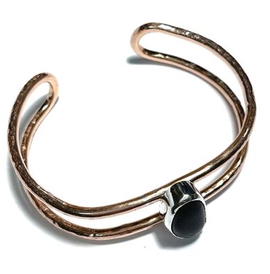 recycled copper cuff with beach pepple in silver bezel