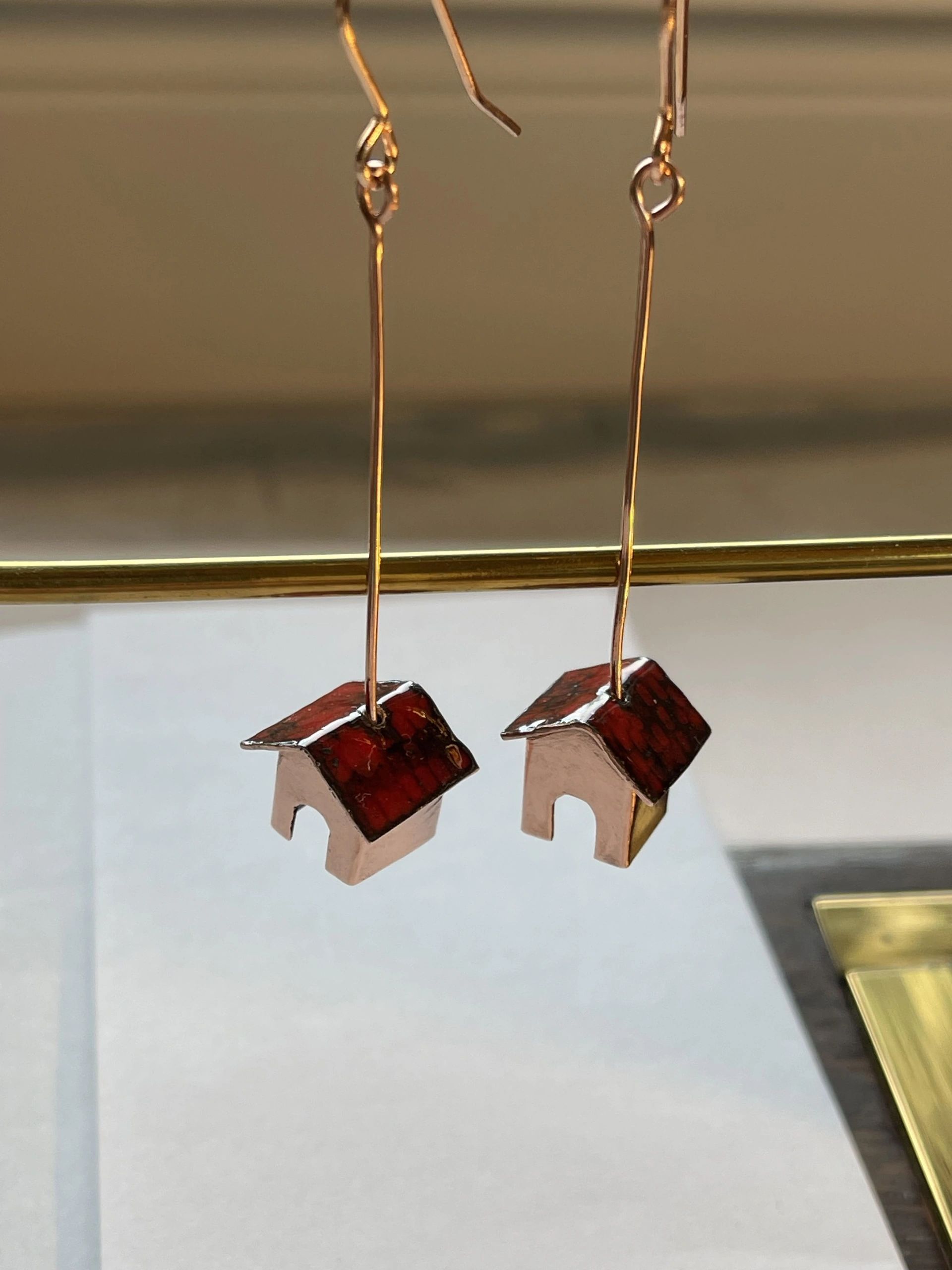 copper dog house earrings with red enamelled roofs