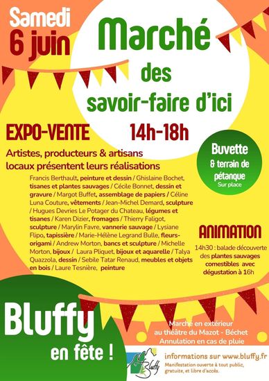 Poster for a local artisan market event in Bluffy on June 6th.
