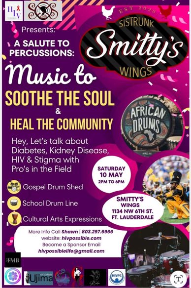 Event flyer for a percussion music and health awareness event in Fort Lauderdale.