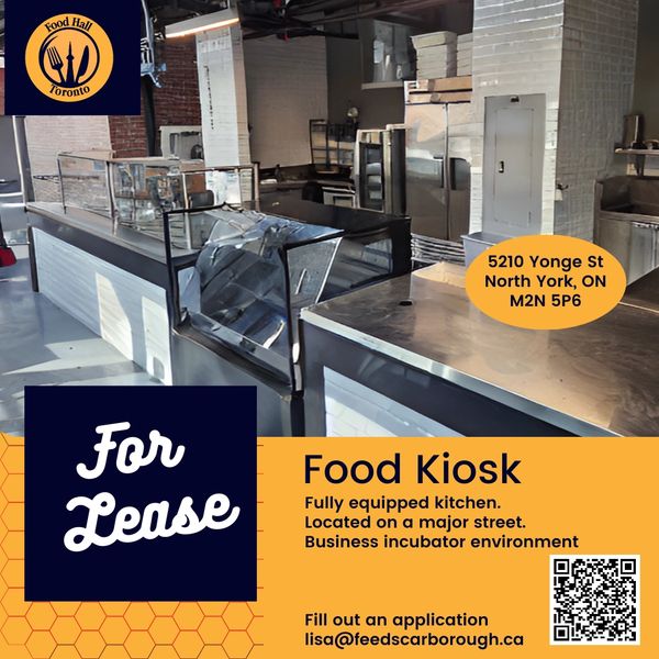 Modern food kiosk with fully equipped kitchen for lease in North York, ON.