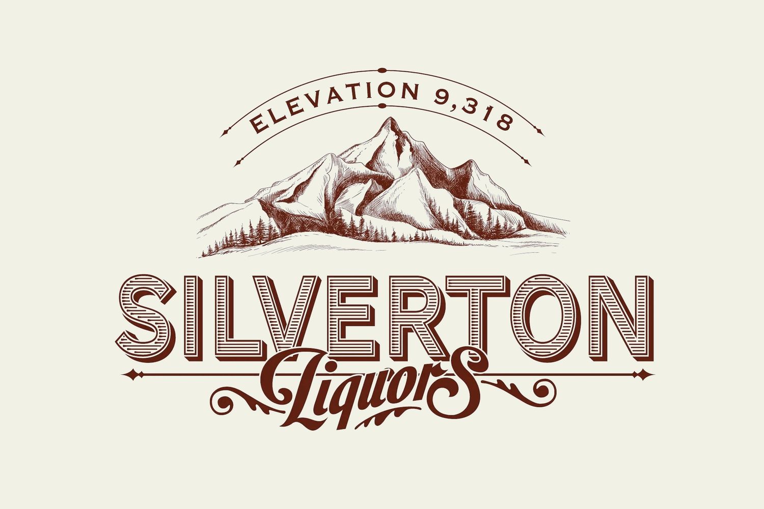 Vintage logo for Silverton Liquors with mountain illustration and elevation.