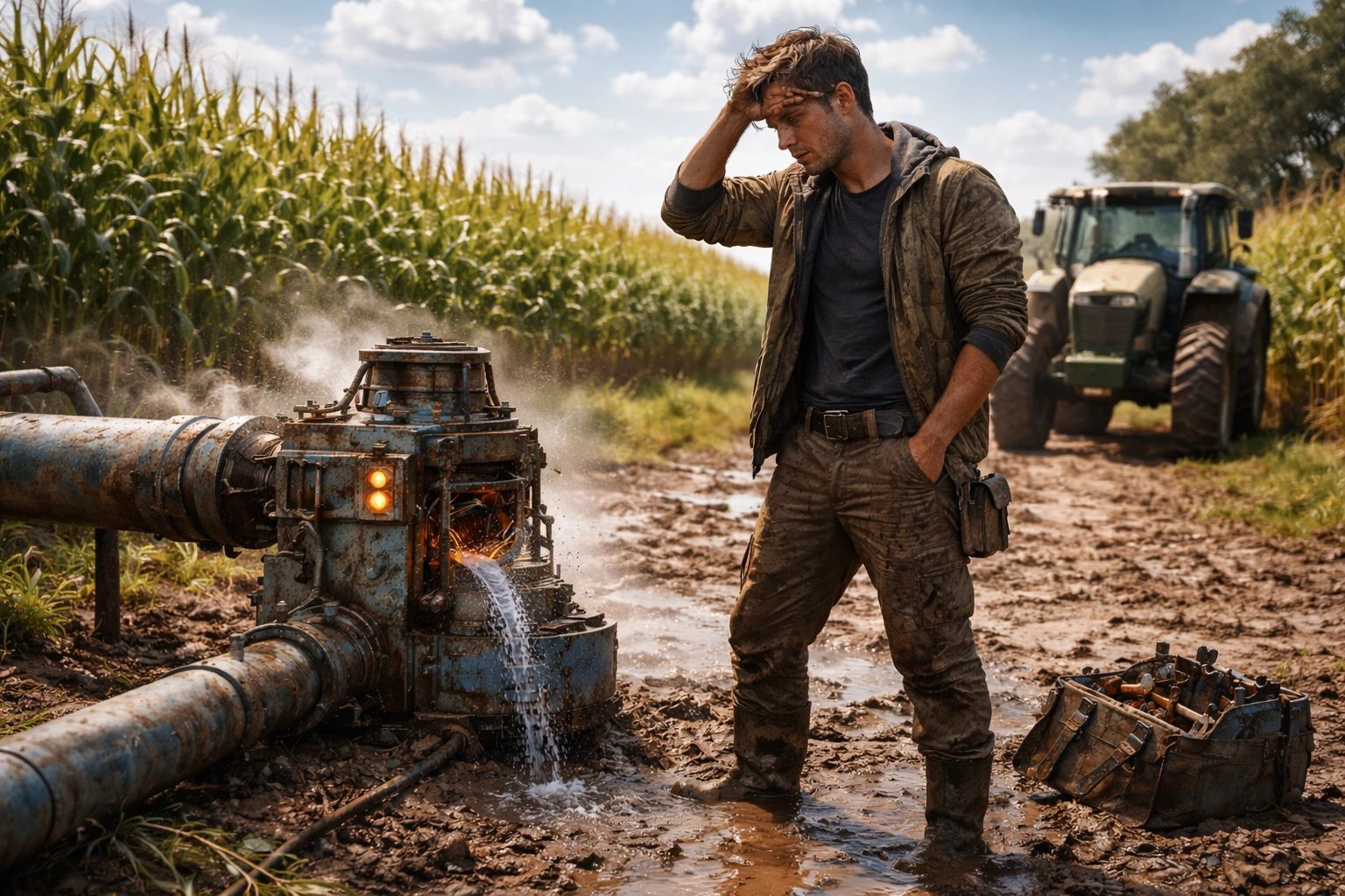 A man struggles with a broken pipe in a muddy cornfield.