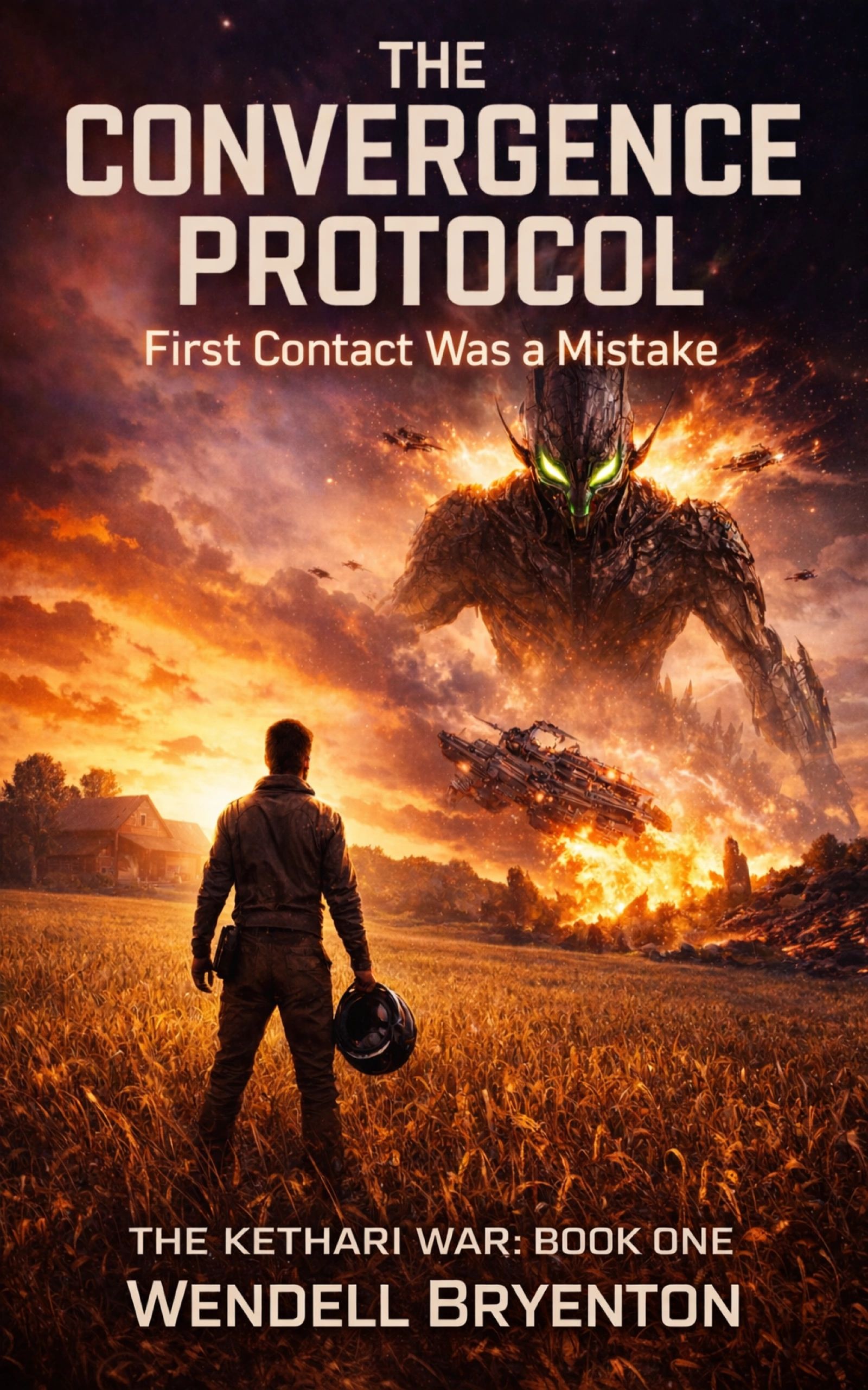 Book cover shows a man facing a giant alien with glowing eyes.