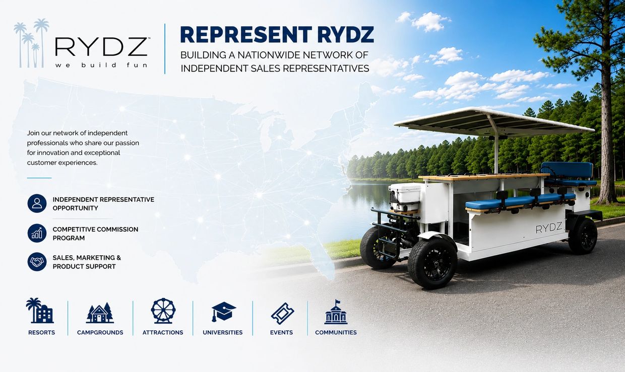 RYDZ promotional image with a futuristic vehicle and business details.
