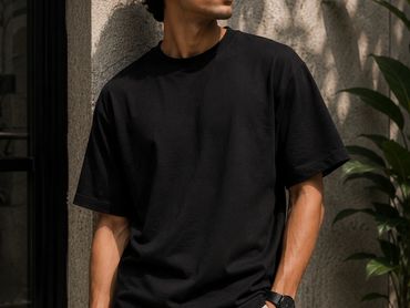 Man wearing a plain black t-shirt leaning against a wall.