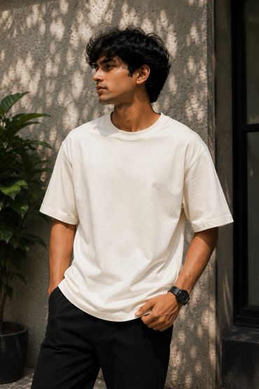 Young man in white t-shirt and black pants outdoors.