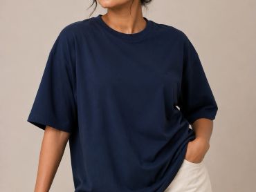 Woman in a navy blue t-shirt.