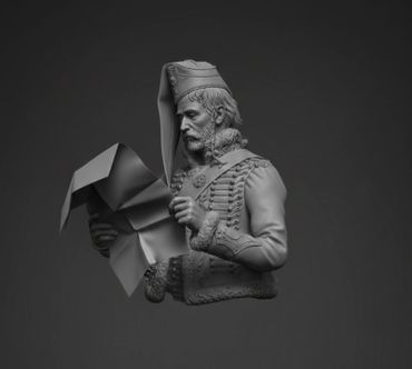 3D sculpture of a historical man reading a document.
