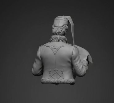 3D sculpted bust of a man wearing a fur-trimmed jacket and hat, viewed from behind.