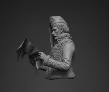 A detailed 3D bust of a historical figure reading a document.