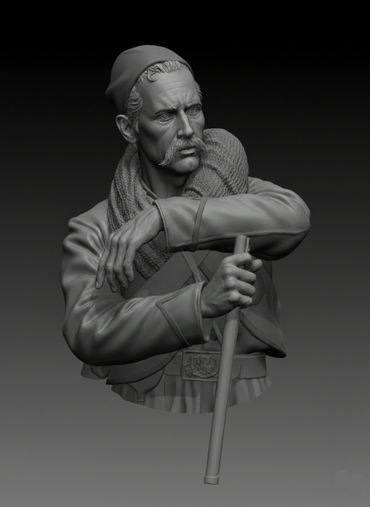 3D sculpture of a man with a mustache holding a staff, wearing a scarf and hat.