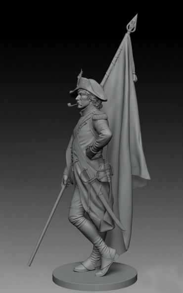 Detailed grayscale statue of a historical soldier holding a flag and pipe.