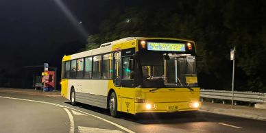 Yellow city bus at night on a street.