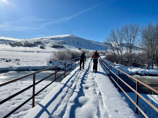 snow covered bridge, snow shoes, walking trail, winter in idaho, idaho 