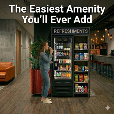 Woman enjoying a drink from a refreshment vending machine in a modern lounge.