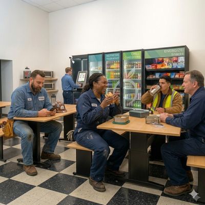Four workers enjoy a break in a bright, casual break room with snacks and drinks.
