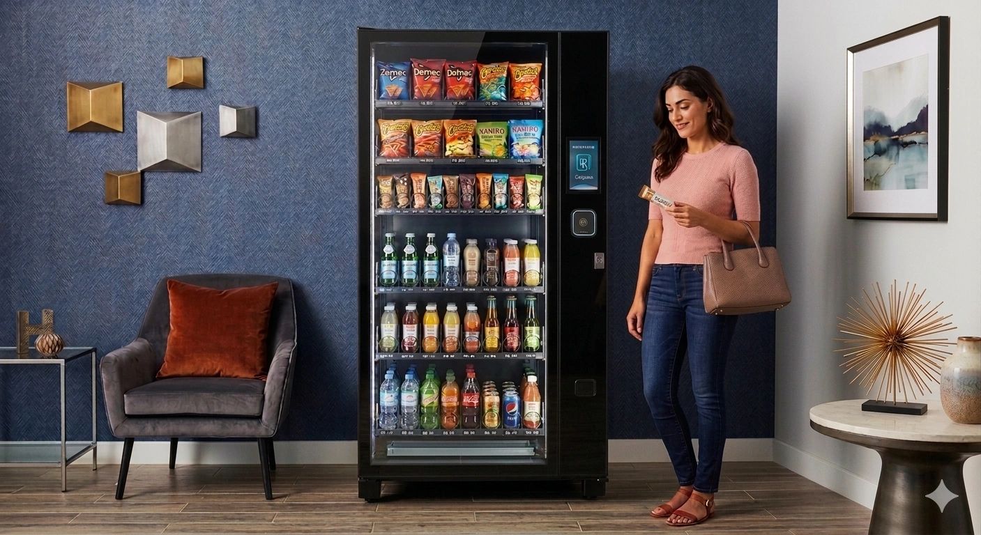 A woman selects a snack from a modern vending machine in a stylish room.