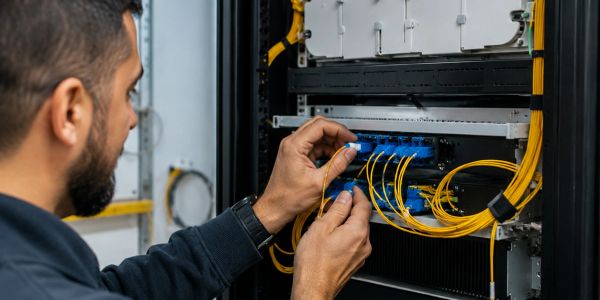 Technician handling fiber optic cables in server rack.