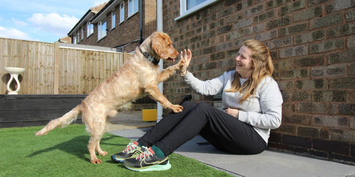 Woman playing and high-fiving her dog outdoors.