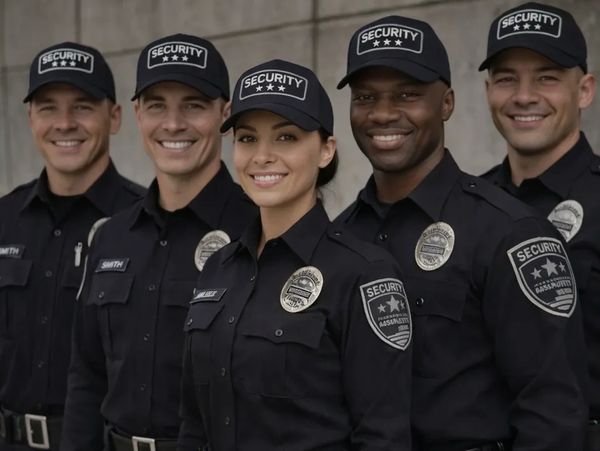 Group of five smiling security guards in uniform standing in a line.