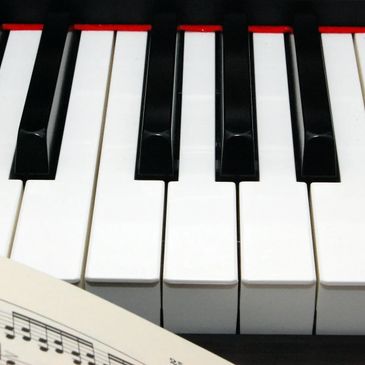 piano sheet music, piano keyboard