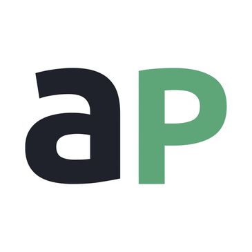 Logo with black lowercase 'a' and green uppercase 'P' on white background.