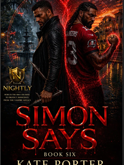 Book cover of Simon Says with two intense men and a vampire theme.