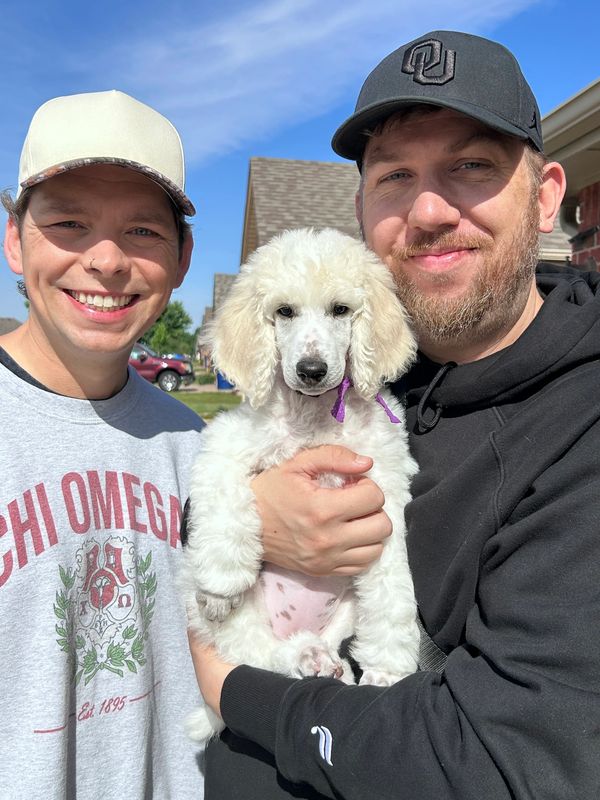 Two men smiling, one holding a fluffy white poodle puppy with a purple ribbon.