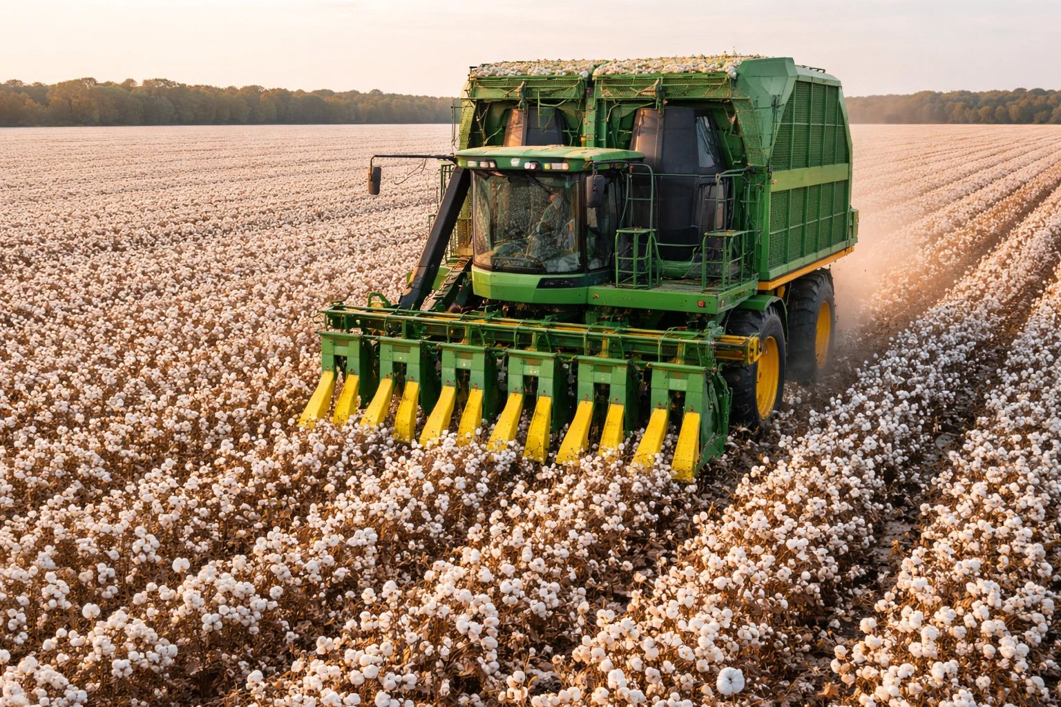 Machine harvesting cotton in a vast cotton field.
