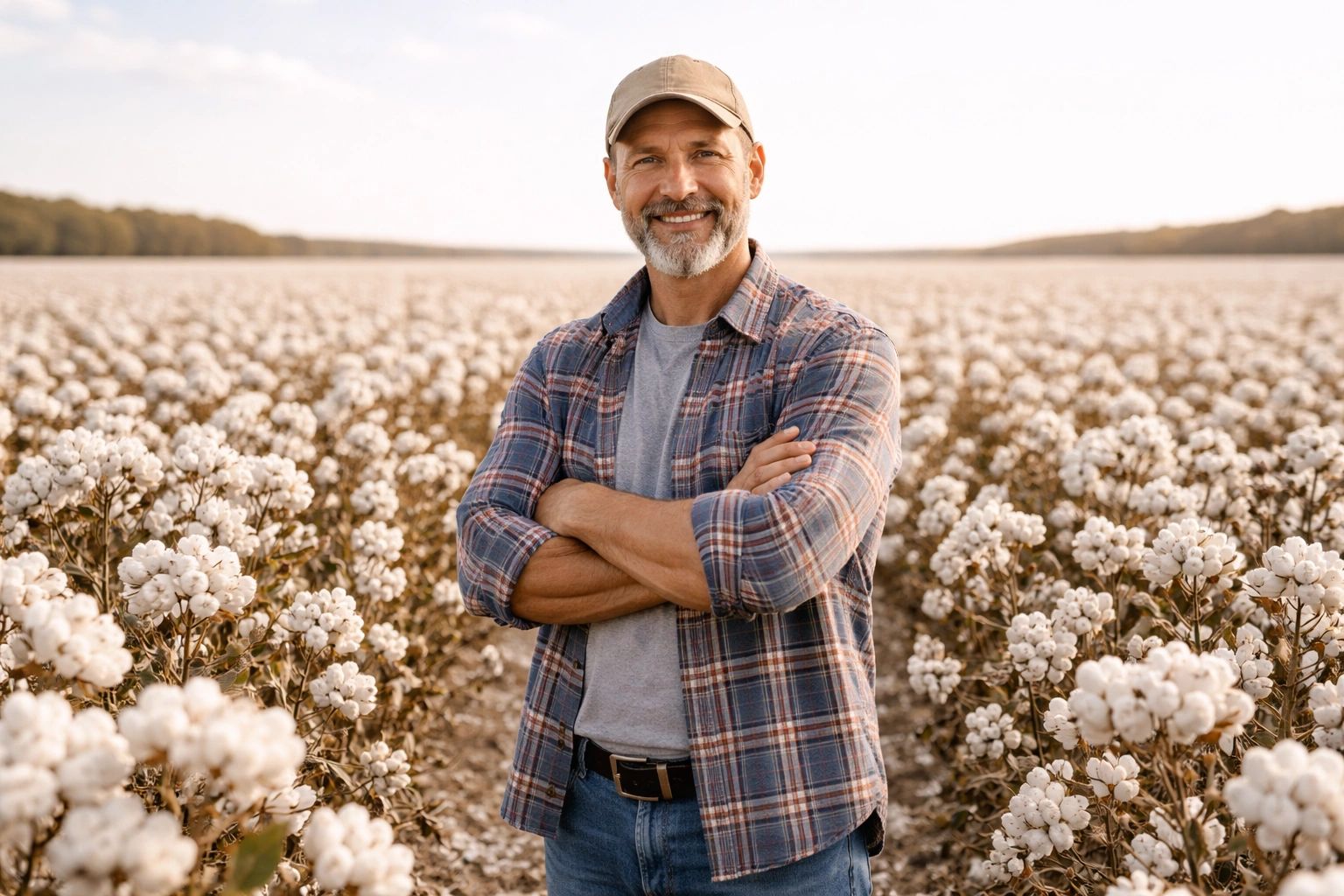 Smiling farmer standing in a cotton field.