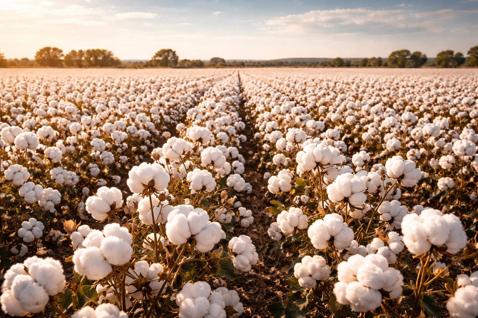 A vast cotton field under a clear sky.