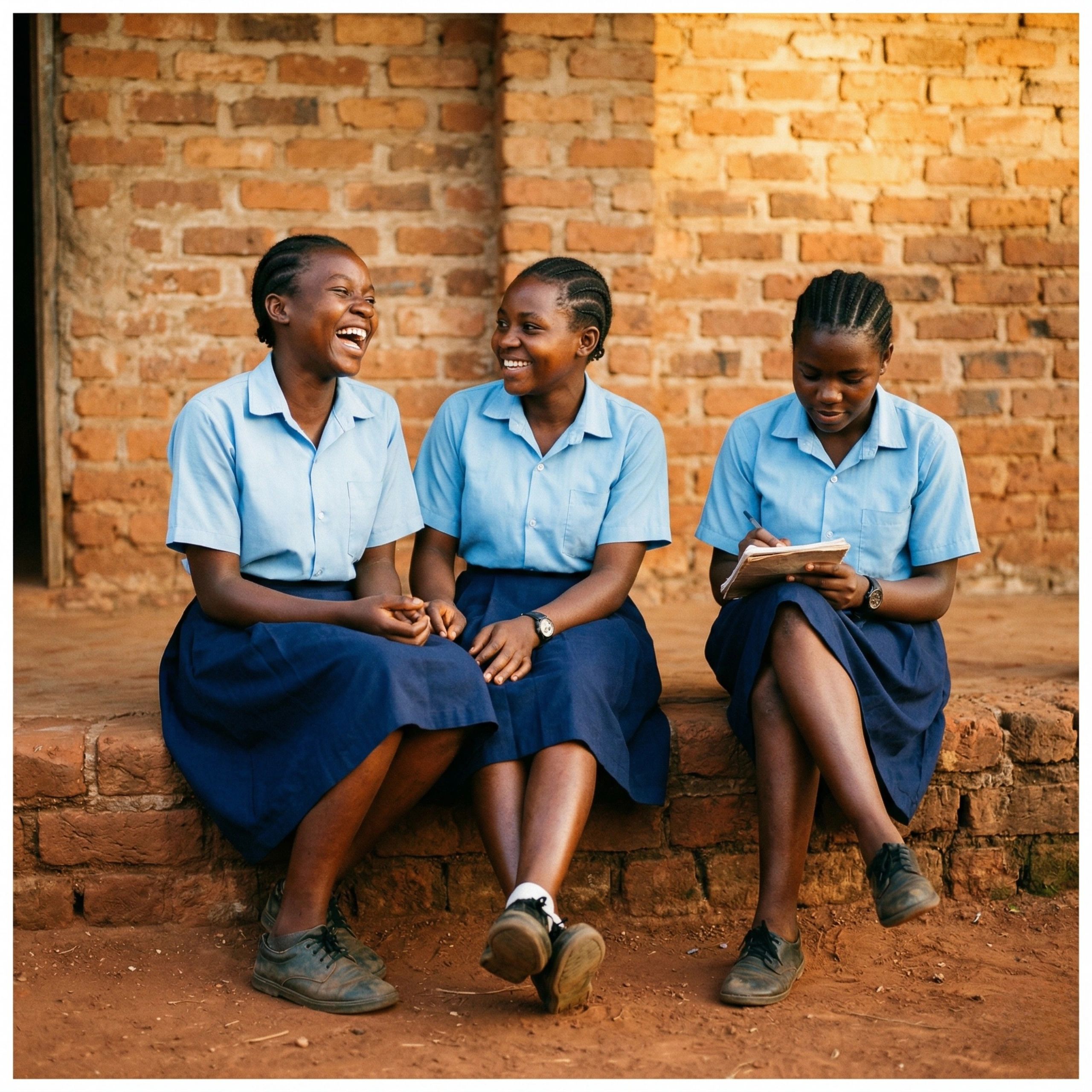 Three schoolgirls in blue uniforms sitting and chatting against a brick wall.
