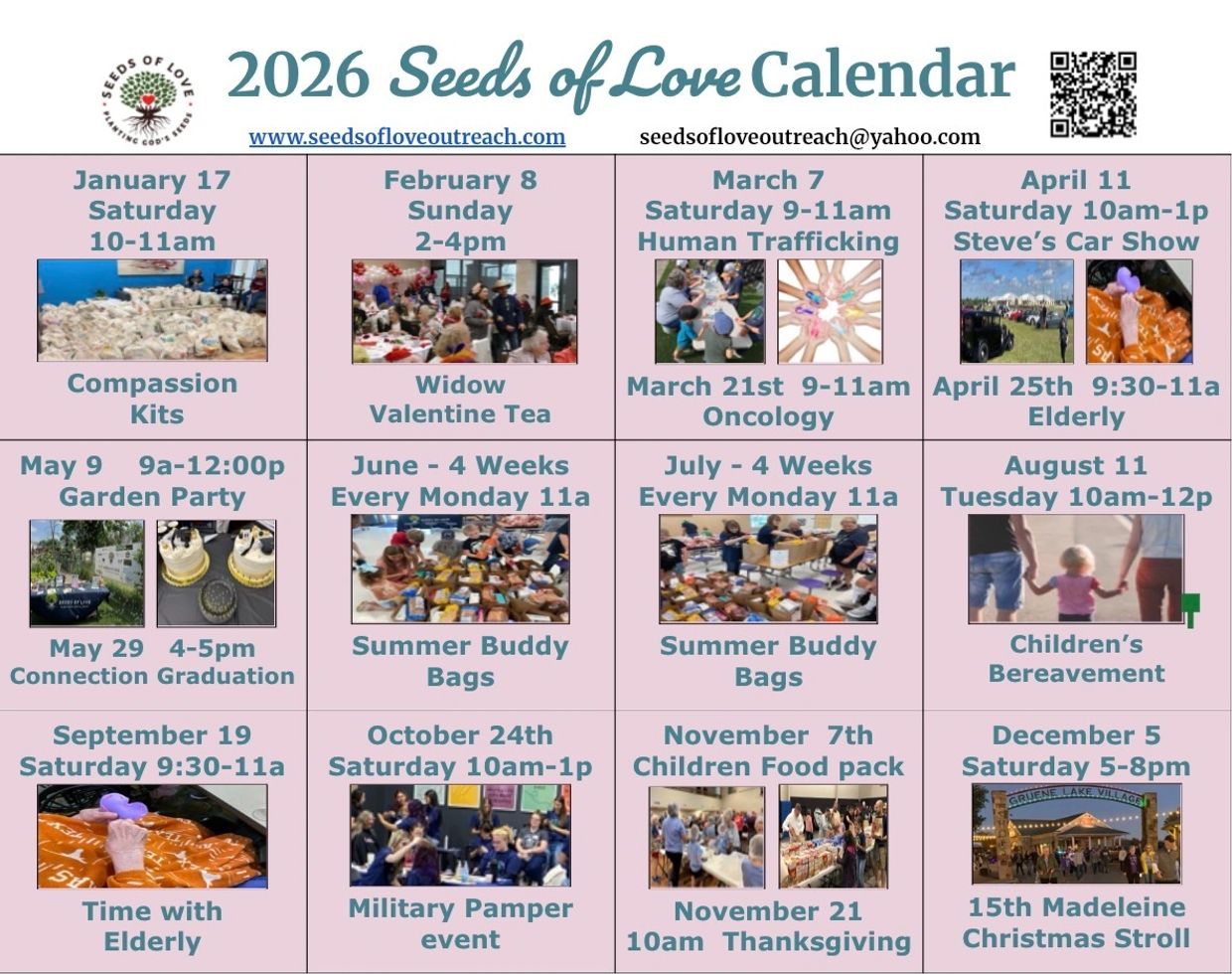 2026 Seeds of Love community event calendar with various charity and social support activities.
