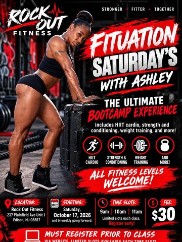 A fitness bootcamp flyer with a woman exercising, promoting classes with Ashley on Saturdays.