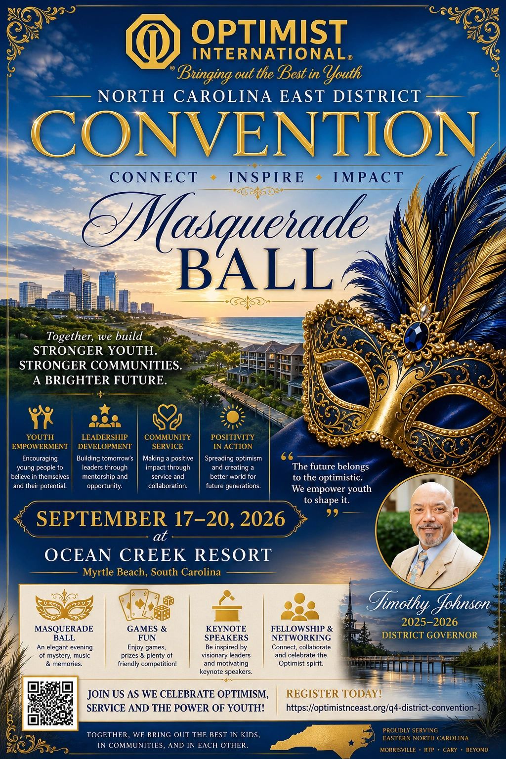 Flyer for Optimist International's 2026 North Carolina East District Masquerade Ball convention at Myrtle Beach.