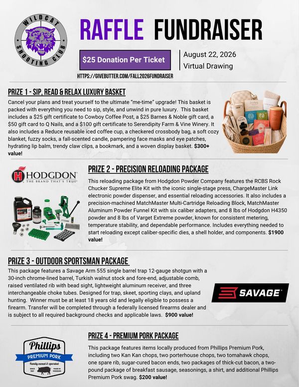 Raffle fundraiser with four prizes and $25 donation per ticket.