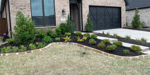 Freshly landscaped front yard with various shrubs and a stone border.