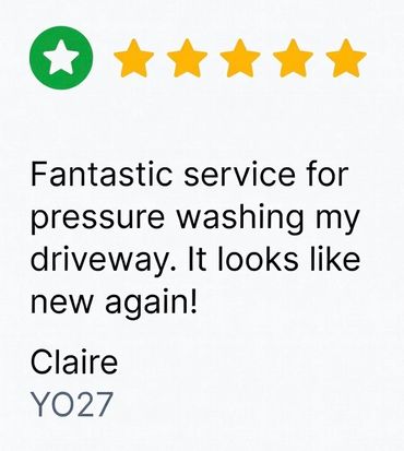 Five-star review praising excellent driveway pressure washing service.