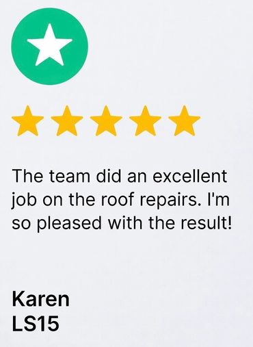 Five-star positive review praising excellent roof repairs.