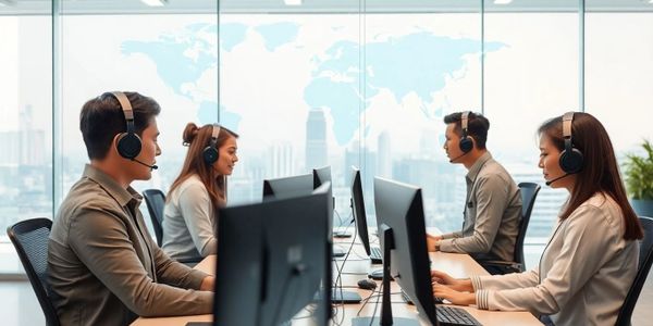 Four call center agents working with headsets in a modern office.